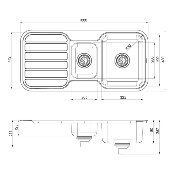 1000 1-1/3 Bowl Sink W/-Drainer NTH Stainless Steel
