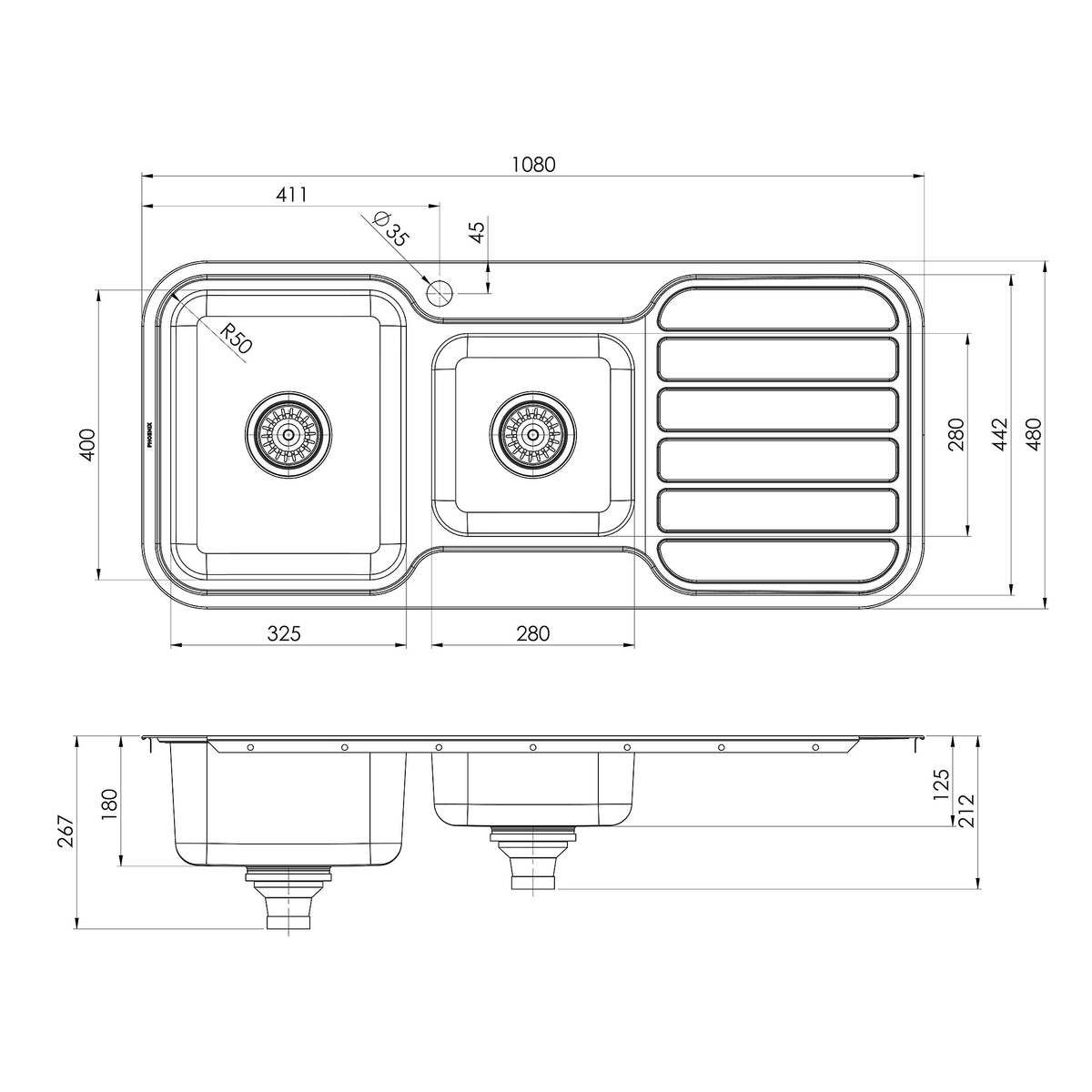 1000 1-3/4 L/H Bowl Sink W/-Drainer 1TH Stainless Steel