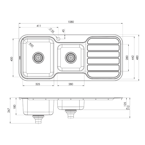 1000 1-3/4 L/H Bowl Sink W/-Drainer 1TH Stainless Steel