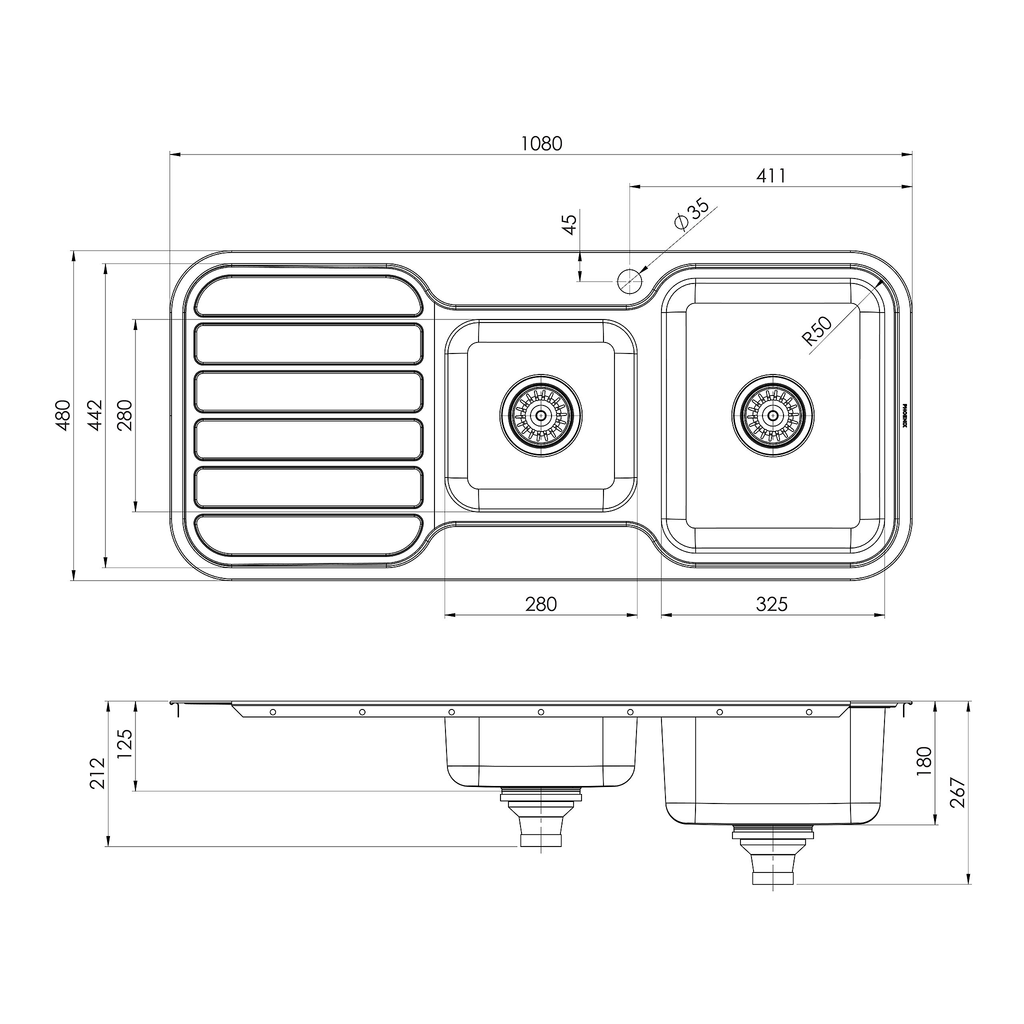 1000 1-3/4 R/H Bowl Sink W/-Drainer 1TH Stainless Steel