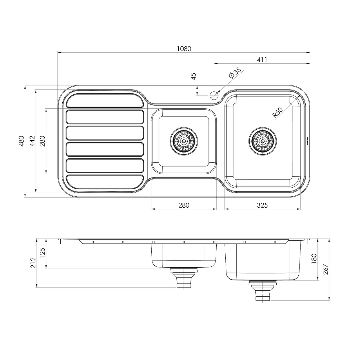 1000 1-3/4 R/H Bowl Sink W/-Drainer 1TH Stainless Steel