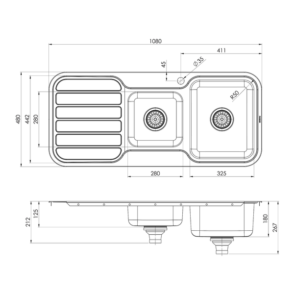 1000 1-3/4 R/H Bowl Sink W/-Drainer 1TH Stainless Steel