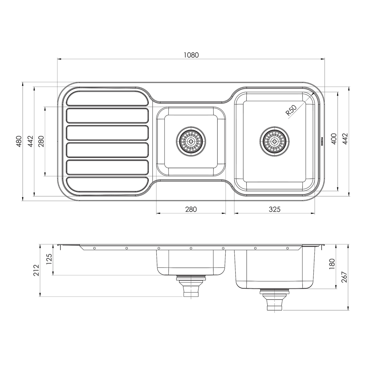 1000 1-3/4 Bowl Sink W/-Drainer NTH Stainless Steel