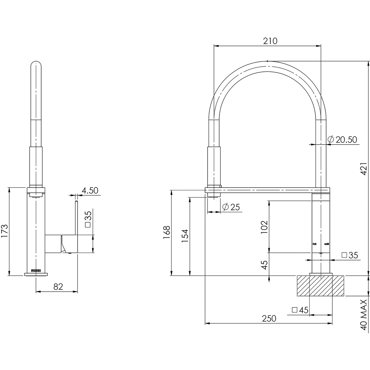 Flexible Hose Sink Mixer Square 210 Chrome