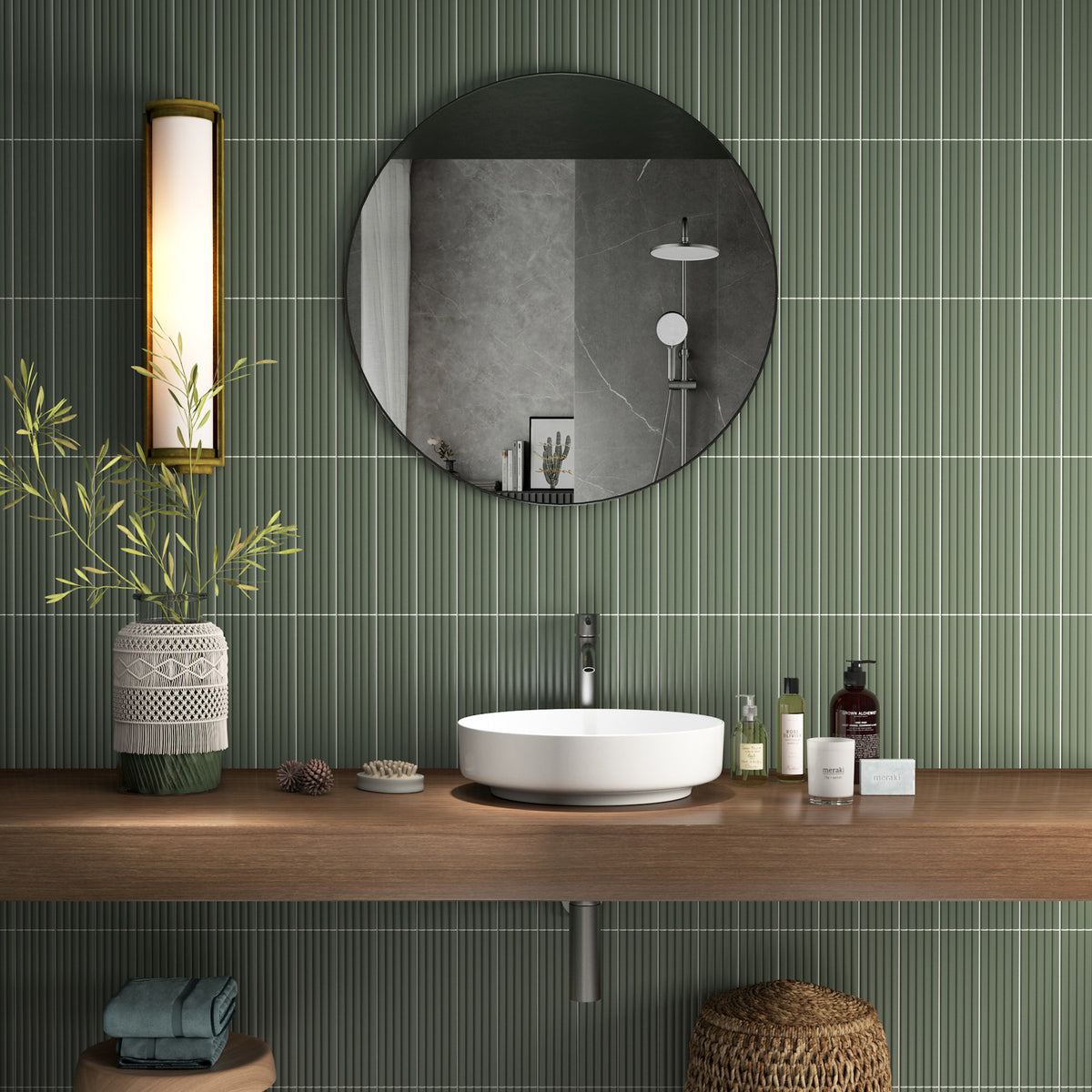 Wave Dried Sage Embossed Satin Tile - lifestyle view