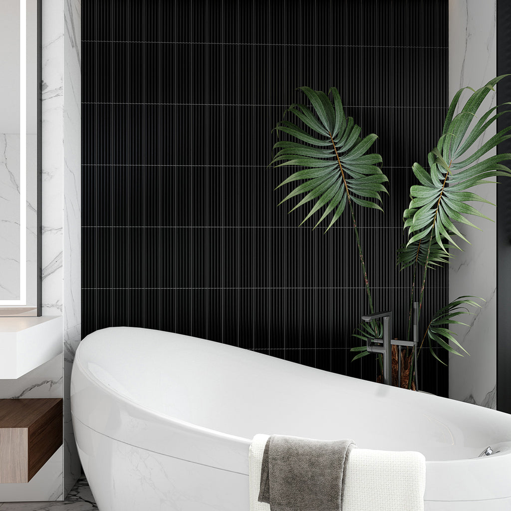 Peak Night Black Embossed Satin Tile - lifestyle view
