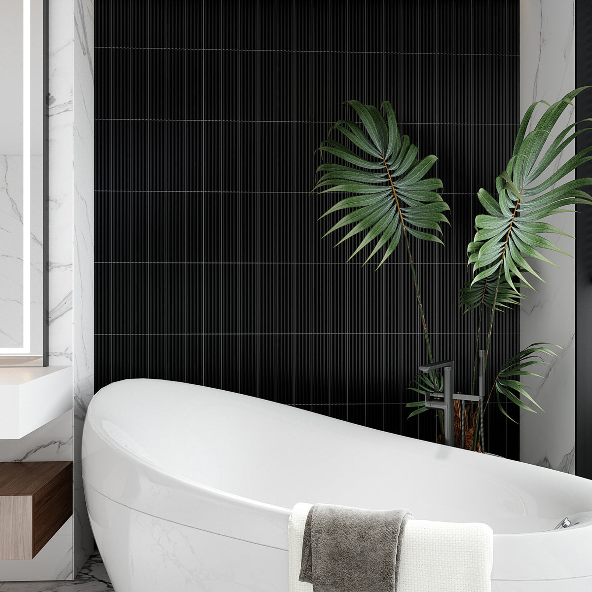 Peak Night Black Embossed Satin Tile - lifestyle view