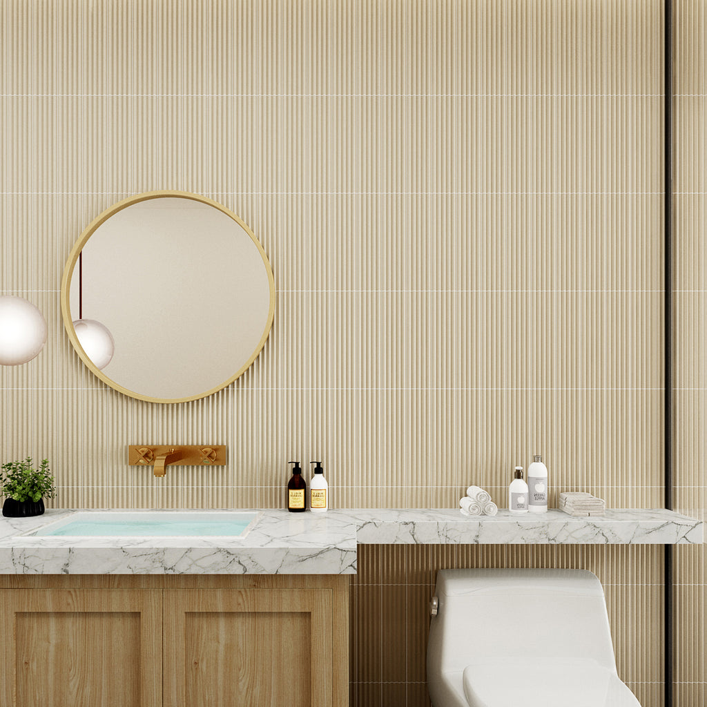 Peak Cloud Grey Embossed Satin Tile - lifestyle view