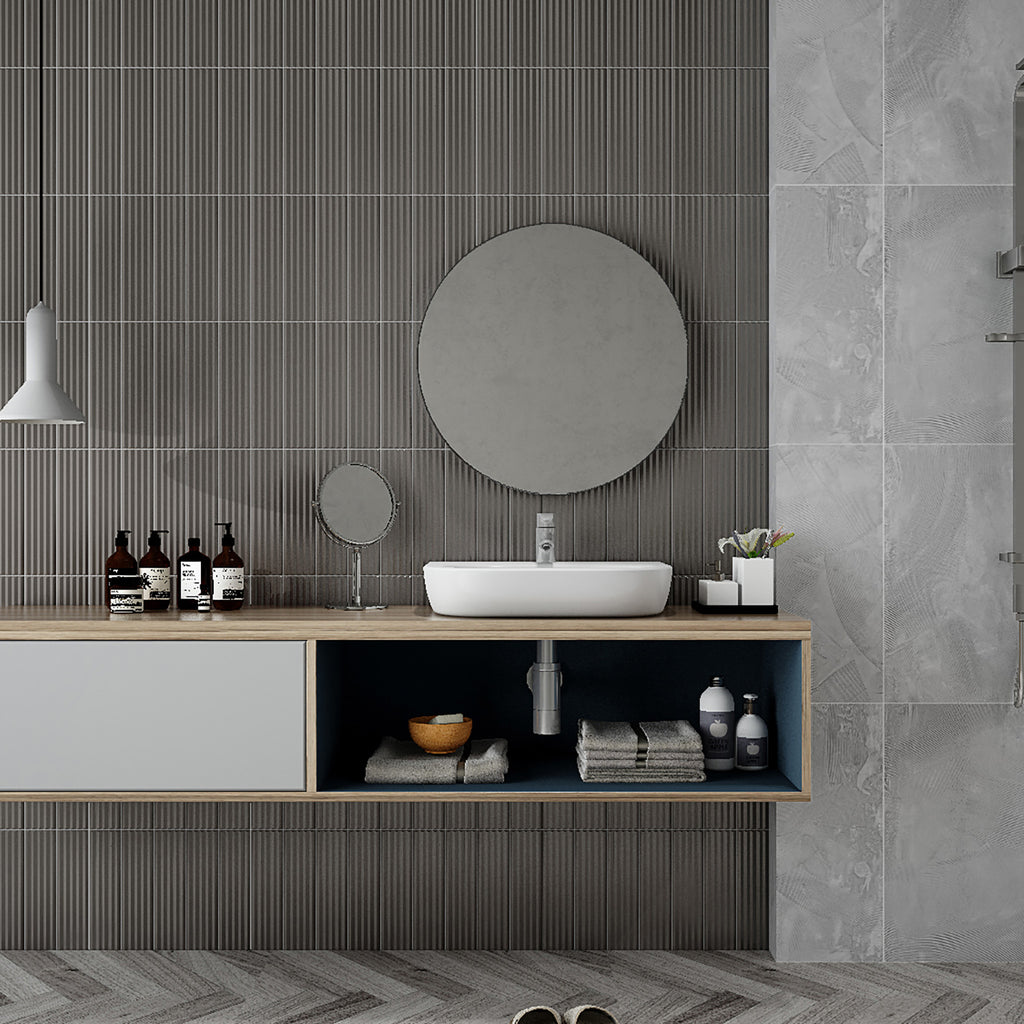 Peak Graphite Embossed Satin Tile - lifestyle view