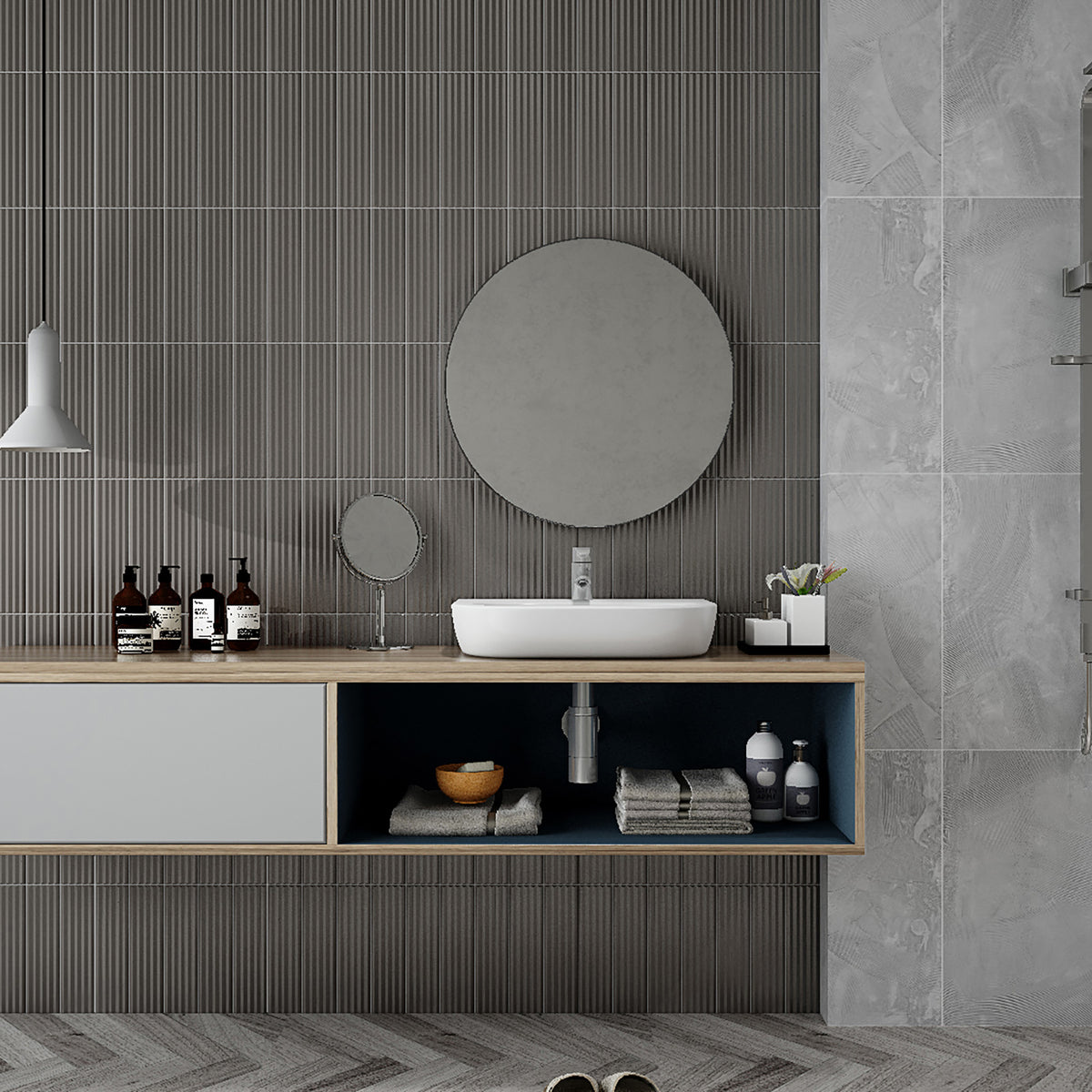 Peak Graphite Embossed Satin Tile - lifestyle view