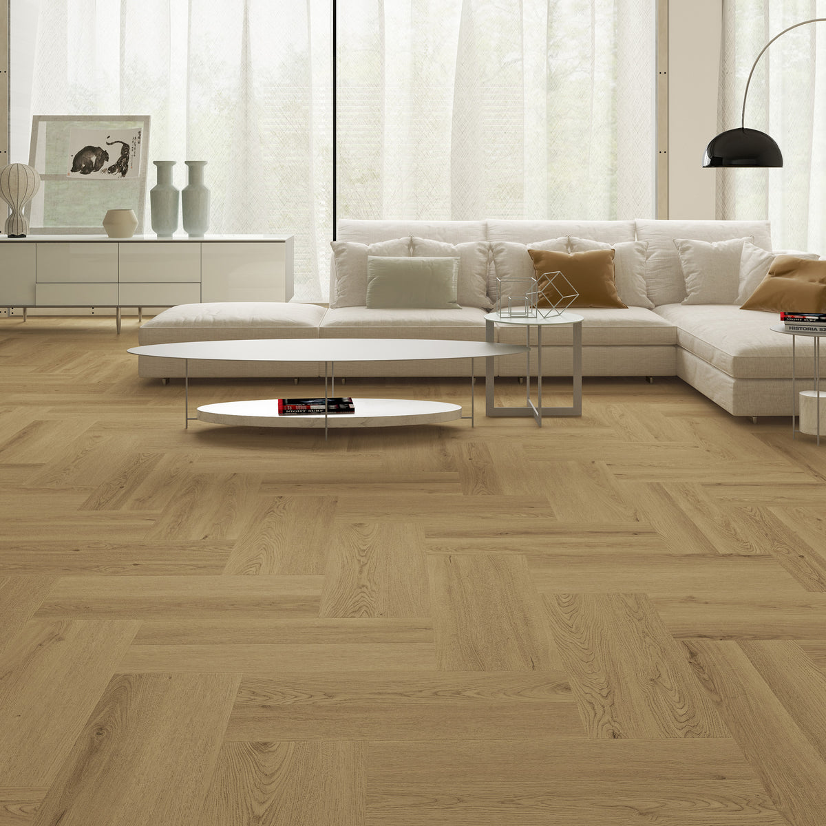 Natural Oak Herringbone Hybrid Textured - lifestyle view