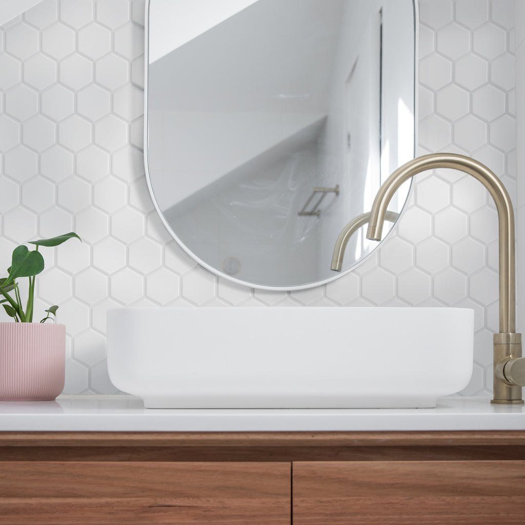 Hexagon White Satin Mosaic - lifestyle view