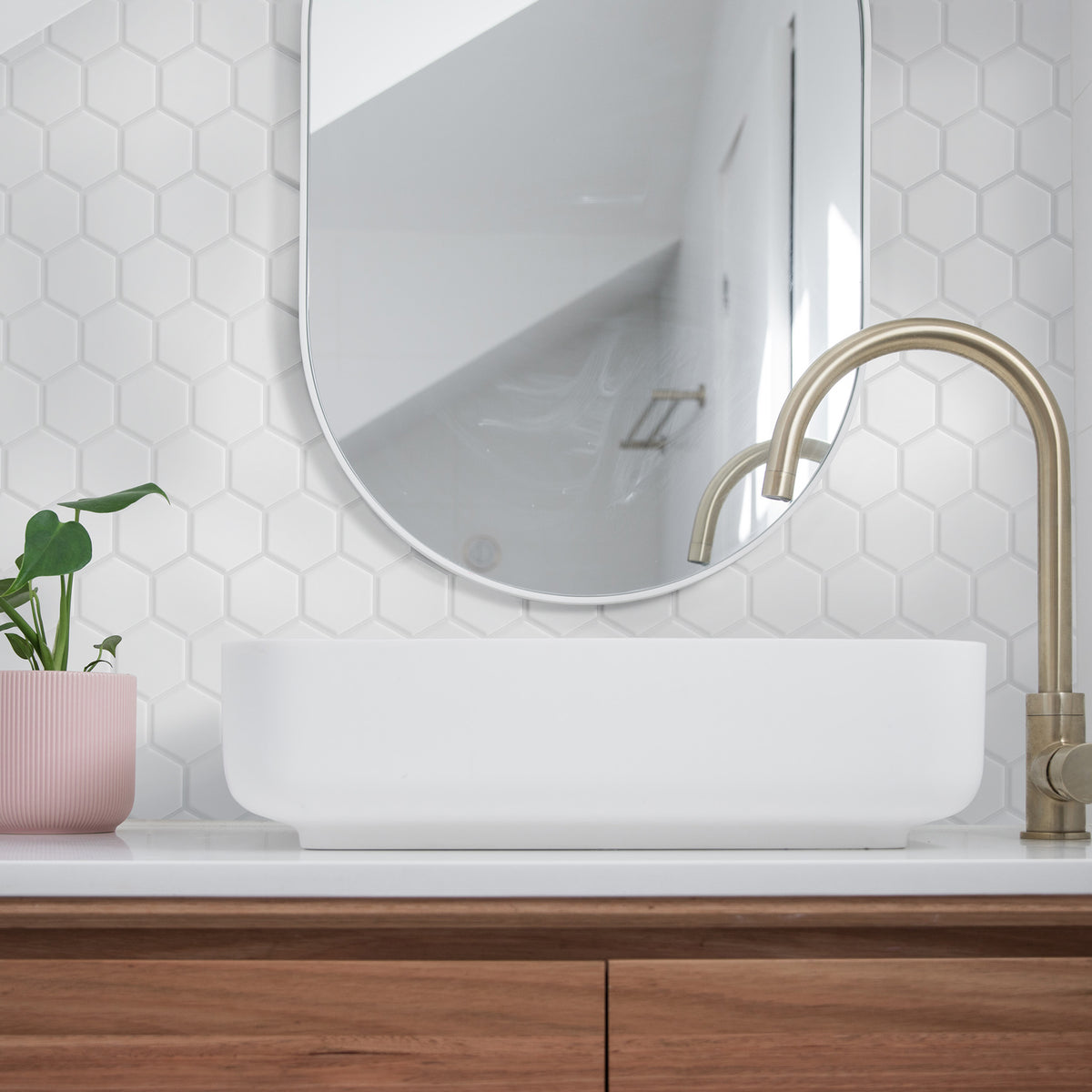 Hexagon White Satin Mosaic - lifestyle view