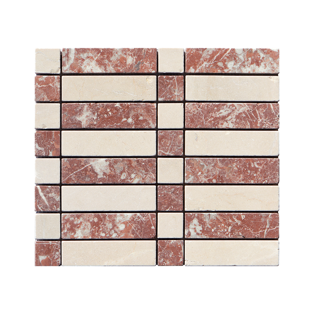 Natural Travertine Crema Marfil and Montecchio Red Tumbled Mosaic