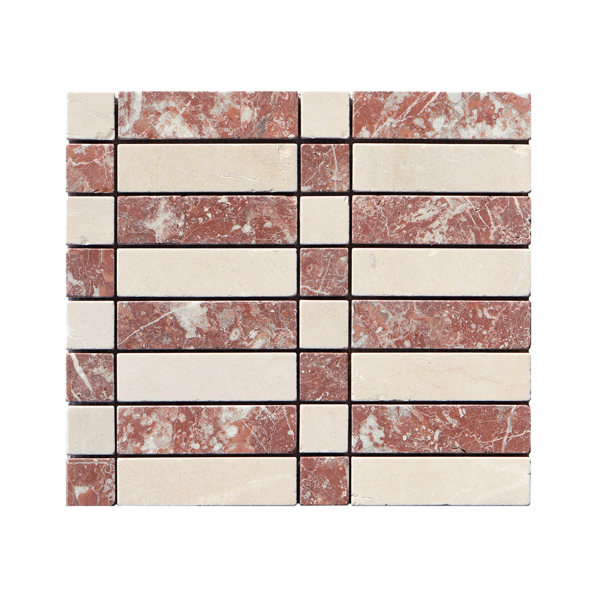 Natural Travertine Crema Marfil and Montecchio Red Tumbled Mosaic