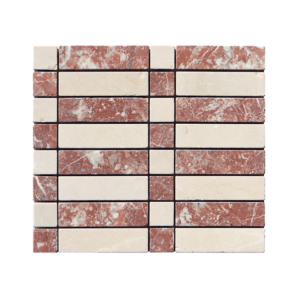 Natural Travertine Crema Marfil and Montecchio Red Tumbled Mosaic