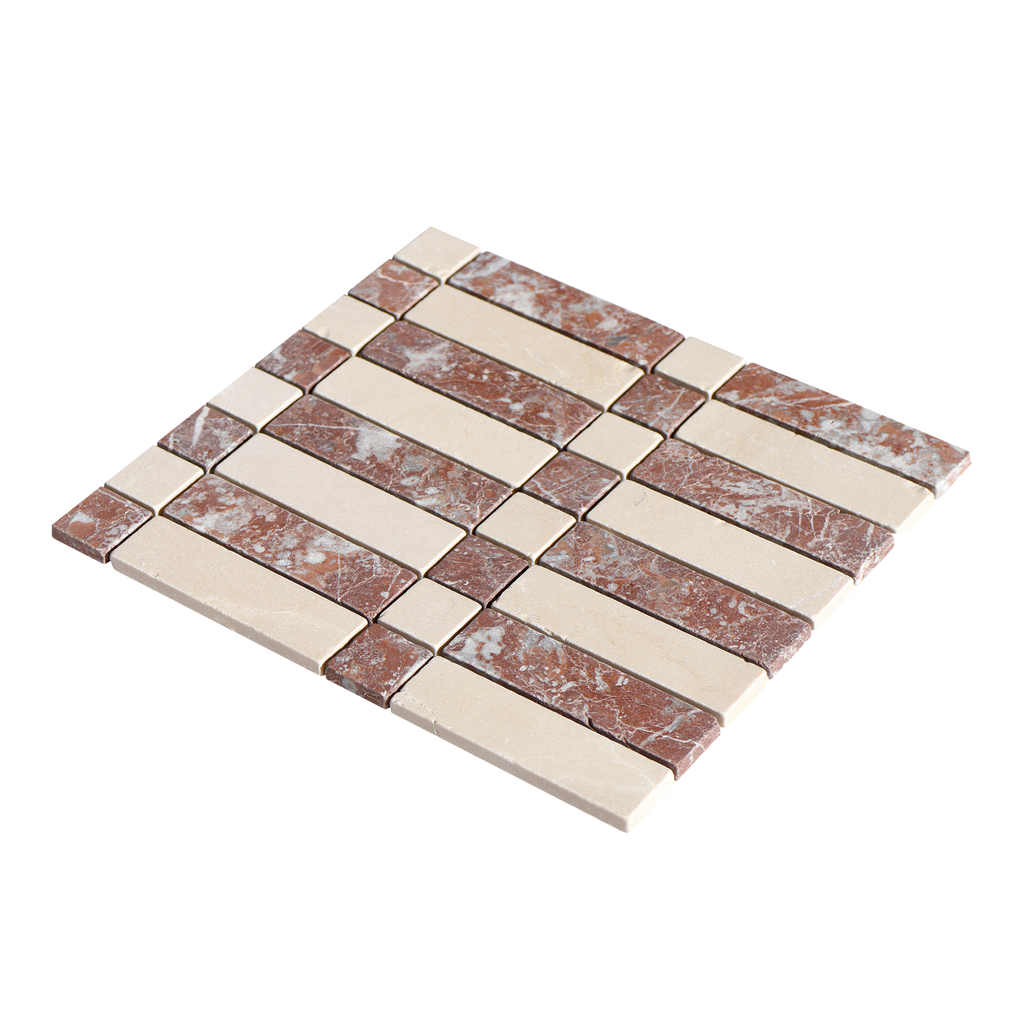 Natural Travertine Crema Marfil and Montecchio Red Tumbled Mosaic