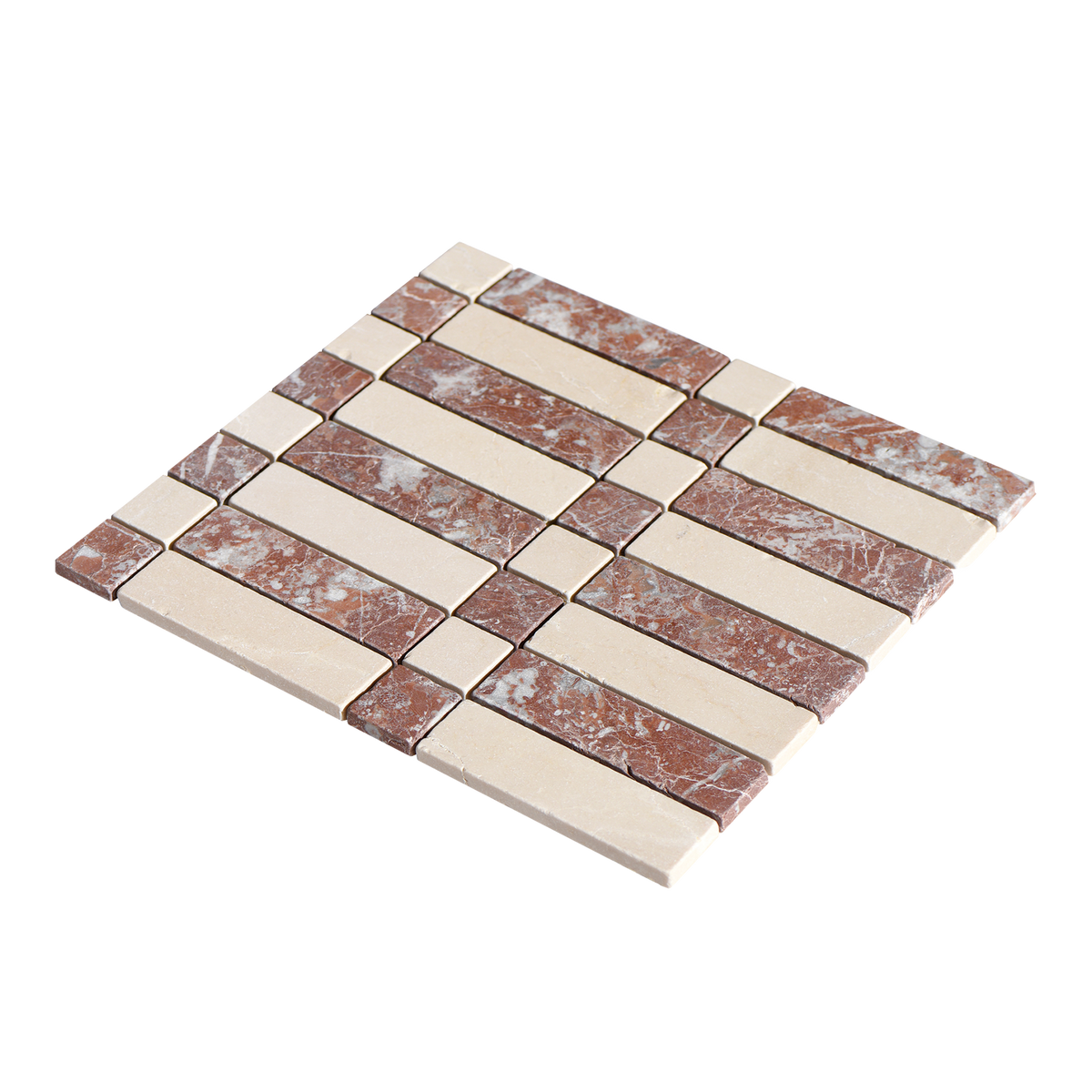 Natural Travertine Crema Marfil and Montecchio Red Tumbled Mosaic