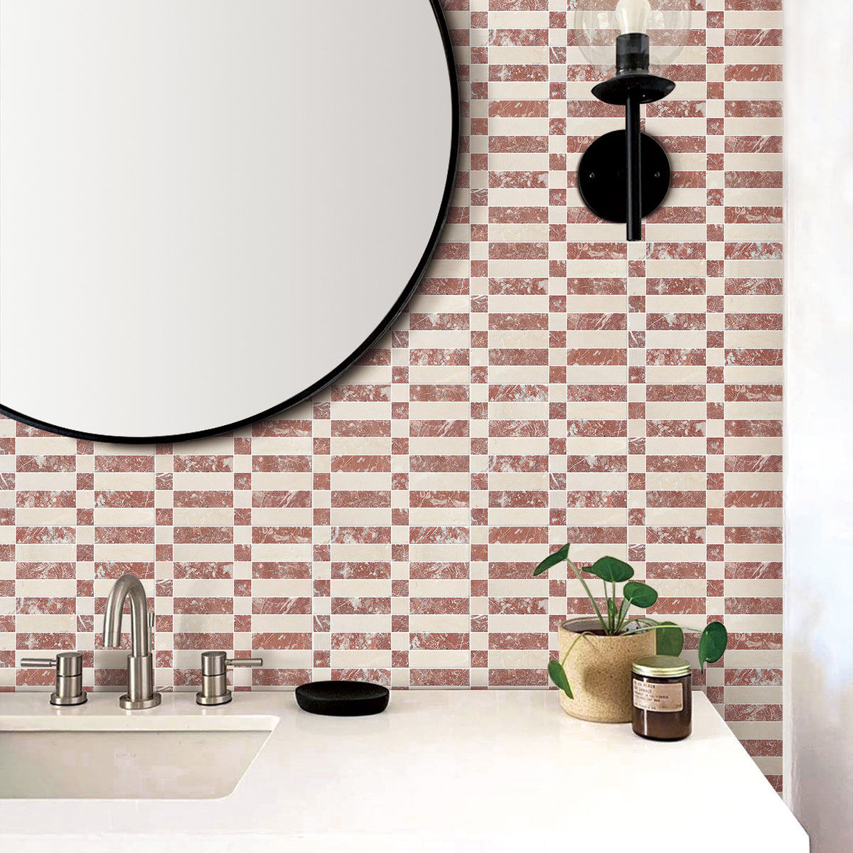 Natural Travertine Crema Marfil and Montecchio Red Tumbled Mosaic - lifestyle view