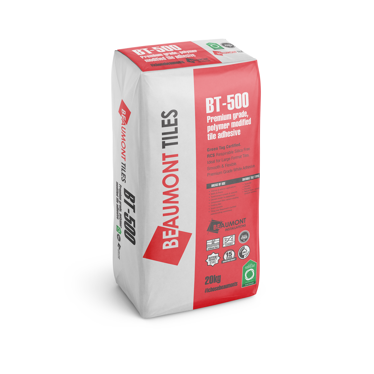 BT500 Respirable Silica Free Premium Polymer Modified Flexible White Tile Adhesive 20kg