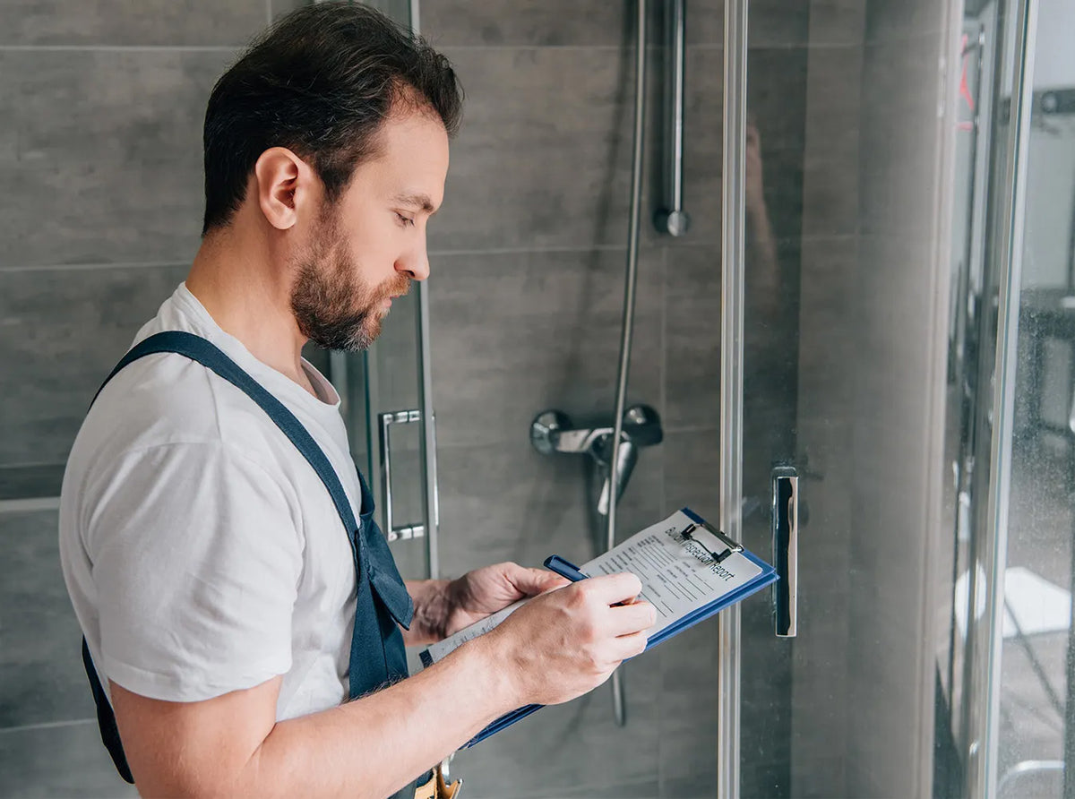 Trade professional inspecting a frameless glass shower screen and completing a bathroom quality assurance checklist in a modern tiled bathroom.