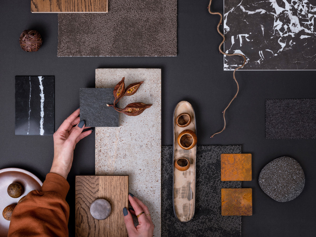 Dark interior design moodboard