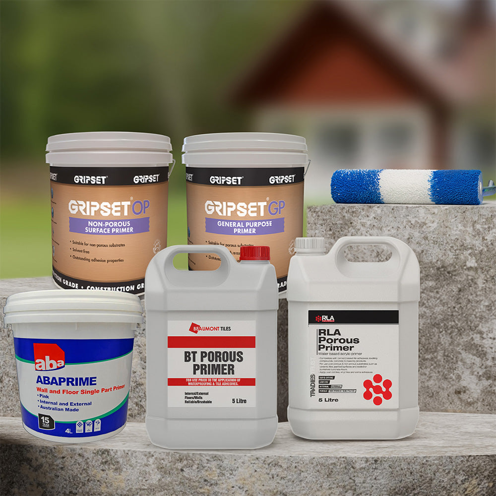 Tile primer products for porous and non-porous surfaces used to prepare floors and walls before tiling.