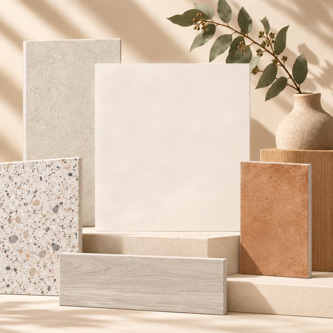Collection of tile samples featuring terrazzo-look, stone-look, concrete-look and warm earthy finishes, styled to showcase a range of colours, textures and design options.