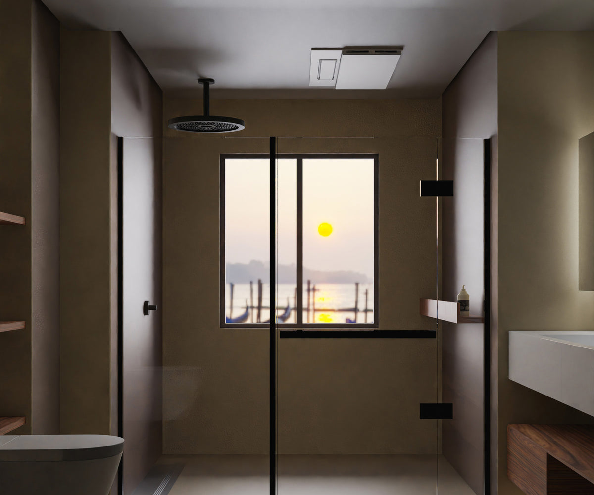 Zumi Soma 600 Series ceiling-mounted bathroom exhaust fan installed above a contemporary walk-in shower.