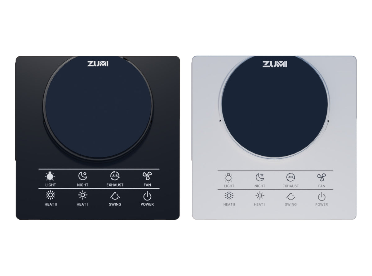 Zumi smart bathroom control panel with touch controls for exhaust fan, heating, lighting and ventilation settings.