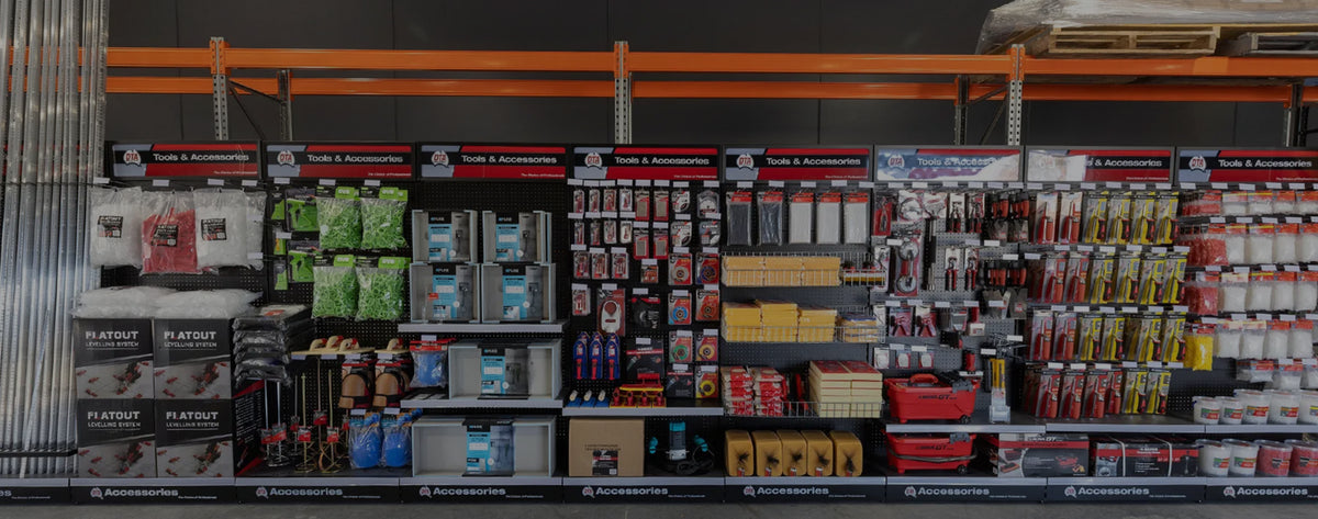 Professional tiling tools and accessories including tile levelling systems, cutting tools, hand tools and installation equipment for DIY and trade projects.