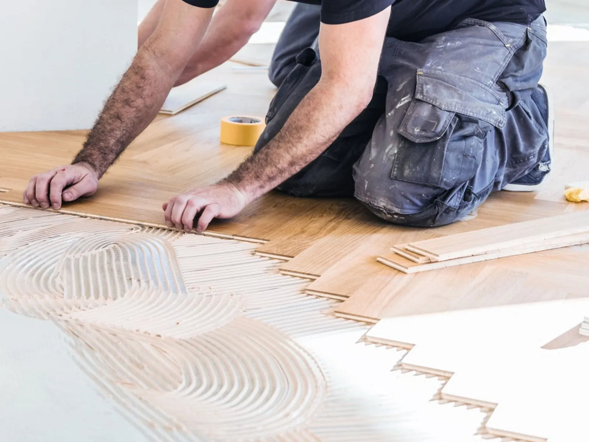 Laying Engineered timber flooring over adhesive during a DIY floor installation and home renovation project.