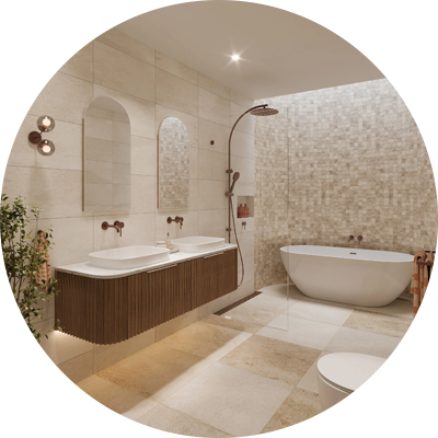 Luxury bathroom featuring a floating timber vanity with double vessel basins, arched mirrors, a freestanding bathtub and textured stone-look wall tiles in warm neutral tones.