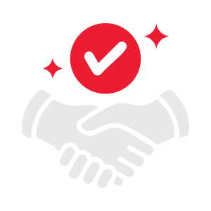 Customer satisfaction and trusted service icon featuring a handshake and check mark.