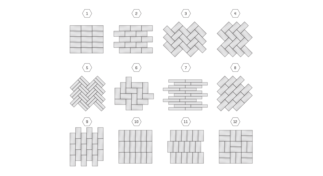 Illustrated tile laying patterns displayed in a grid, showcasing popular installation styles including stack bond, brick bond, herringbone, basketweave and vertical stack layouts.