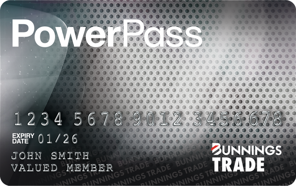 Bunnings Trade PowerPass membership card displaying the PowerPass logo, member details and trade account branding on a metallic patterned background.
