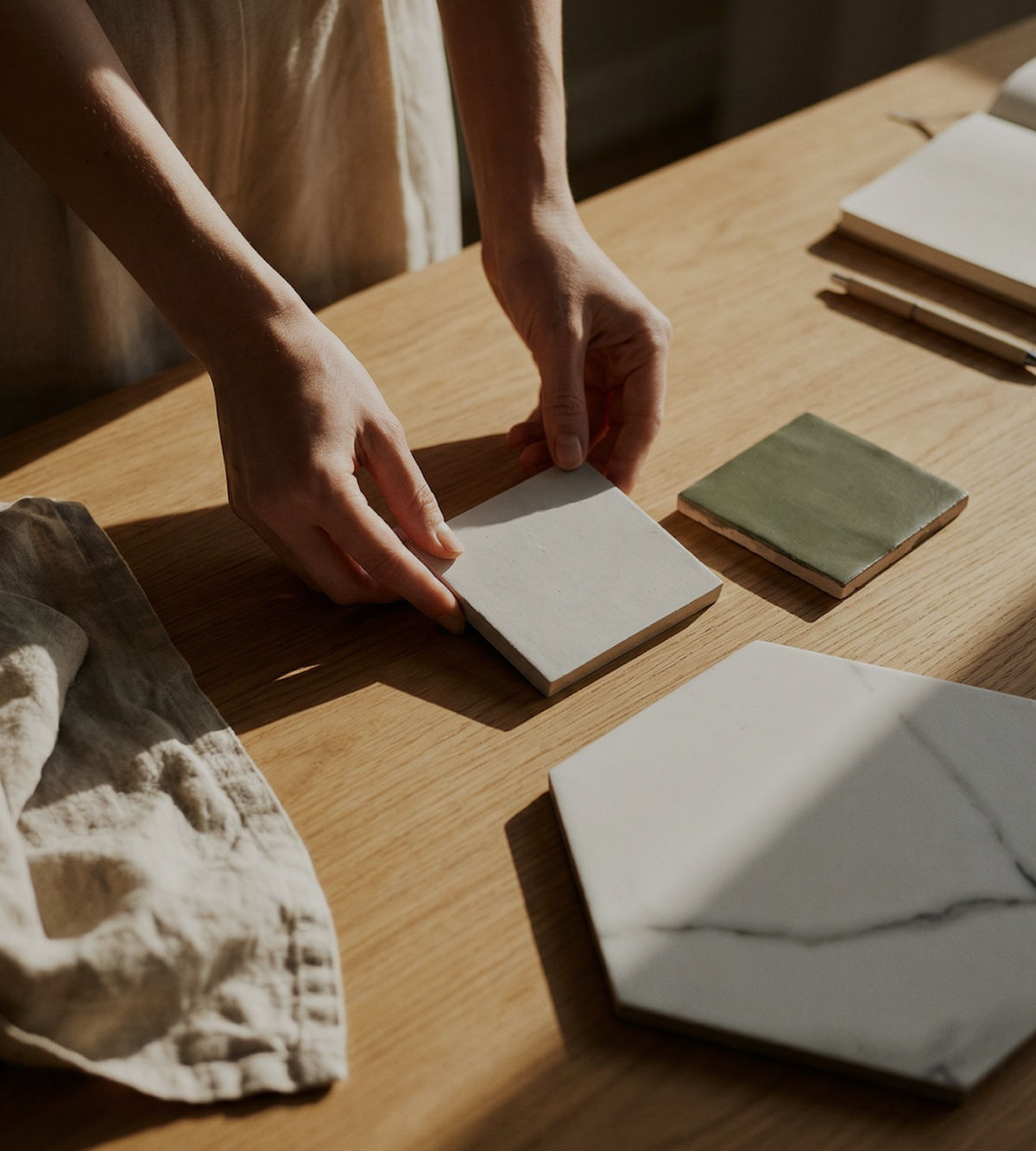 A person's hands are shown placing a square ceramic tile on a wooden table, alongside other decorative tiles including a hexagonal white marble-look tile and a small square green tile.